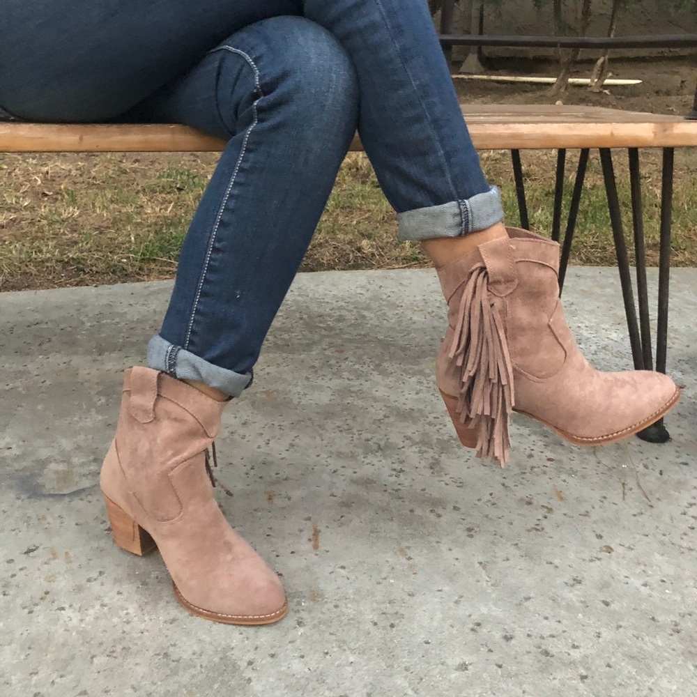 TAUPE FAUX SUEDE FRINGE BOOTS